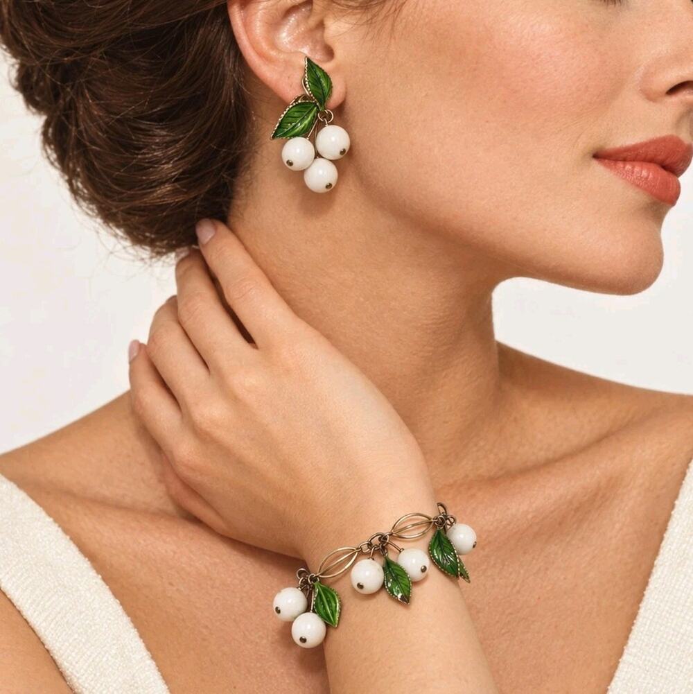 Vintage White 60s Bracelet & Clip On Earrings Hanging "Fruit" & Enameled Leaves